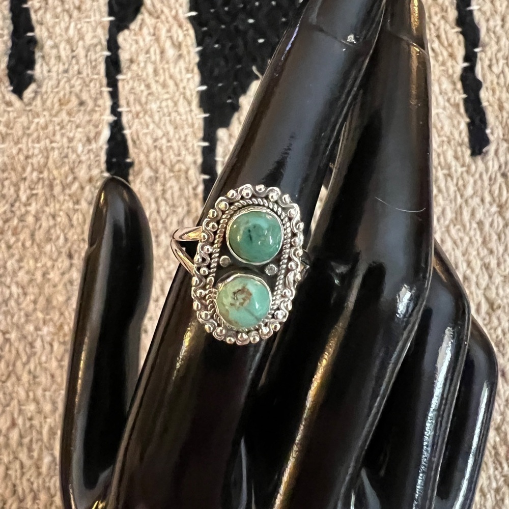 ❤️ Kingman Turquoise 2 Stone 925 Sterling Decorative Sz 6.75 Navajo Ring 3.8 Gm - Picture 8 of 17